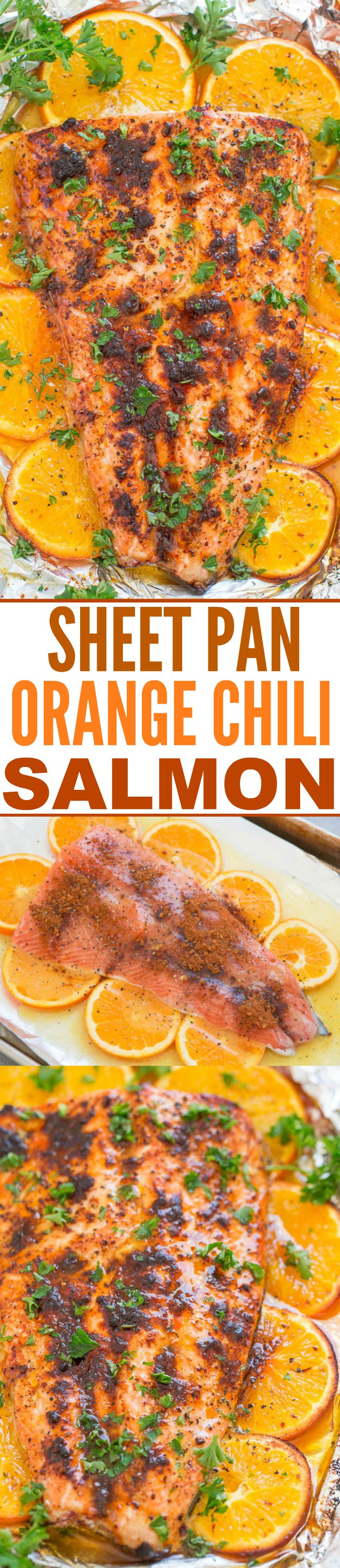 Two picture collage of sheet pan orange chili salmon with graphic title