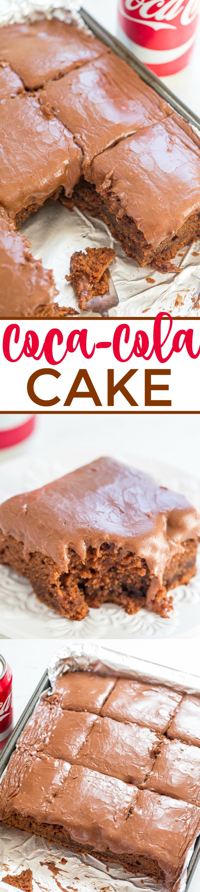 Coca-Cola Cake — One can of Coke in the cake and another can of Coke in the frosting!! EASY no-mixer cake that's supremely moist! Tastes like a Texas sheet cake spiked with Coke!!