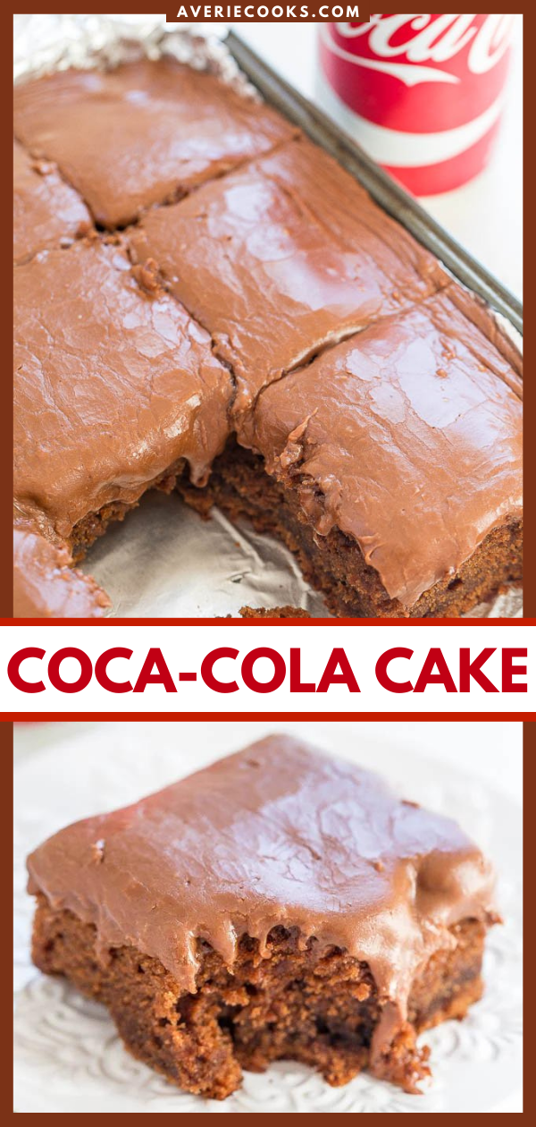 Coca-Cola Cake — One can of Coke in the cake and another can of Coke in the frosting!! EASY no-mixer cake that’s supremely moist! Tastes like a Texas sheet cake spiked with Coke!!