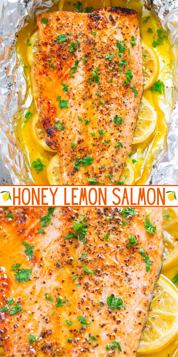Honey Lemon Salmon — This baked honey lemon salmon is ready in under 30 minutes! It's impossible to wind up with dry salmon when making this recipe, it's just that good!