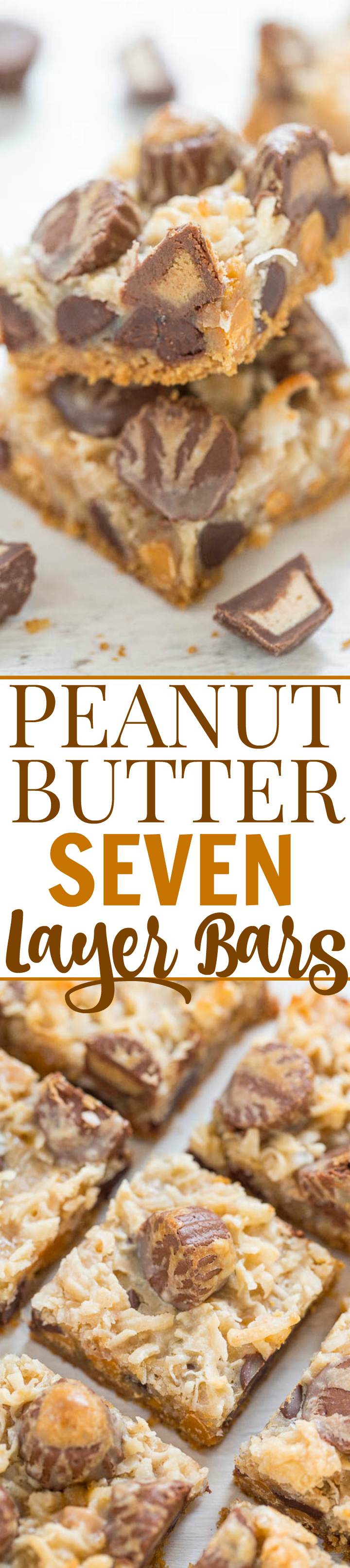Peanut Butter Seven Layer Bars - There's peanut butter, peanut butter chips AND peanut butter cups in this fun twist on the classic recipe!! EASY no-mixer recipe that peanut butter fans will LOVE!!