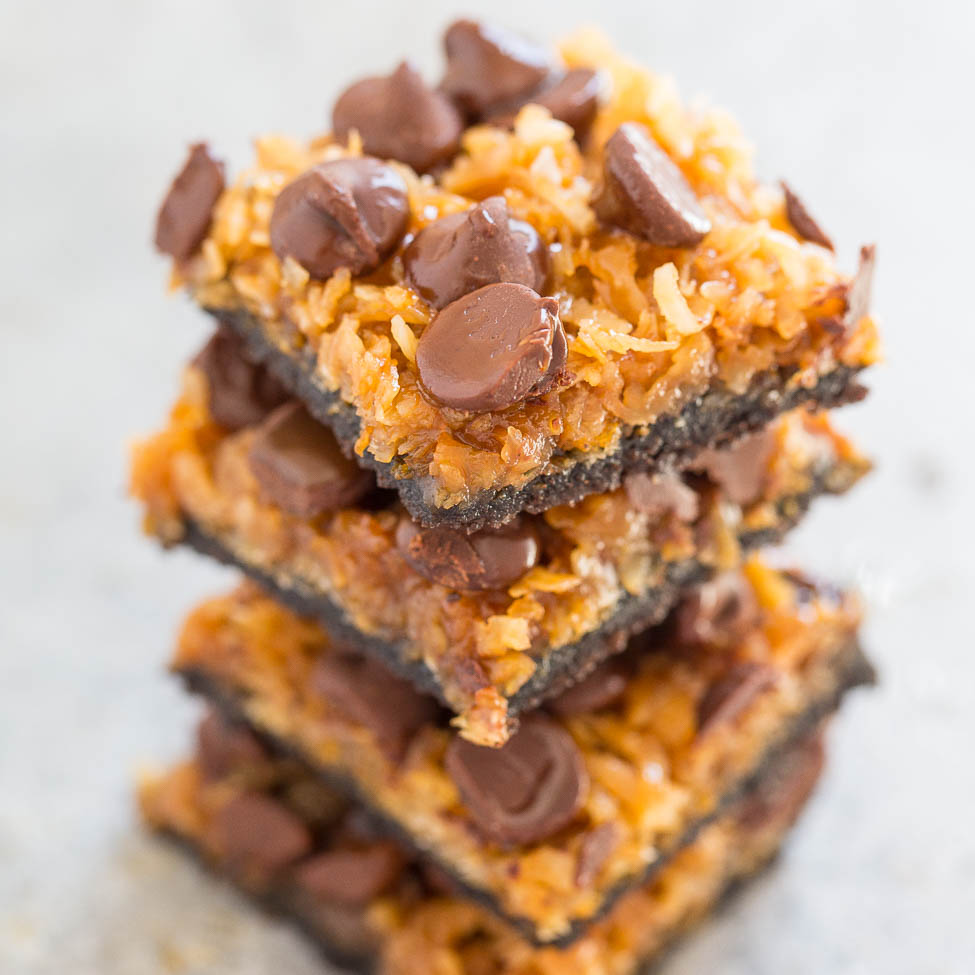 Stack of coconut and chocolate chip bars.