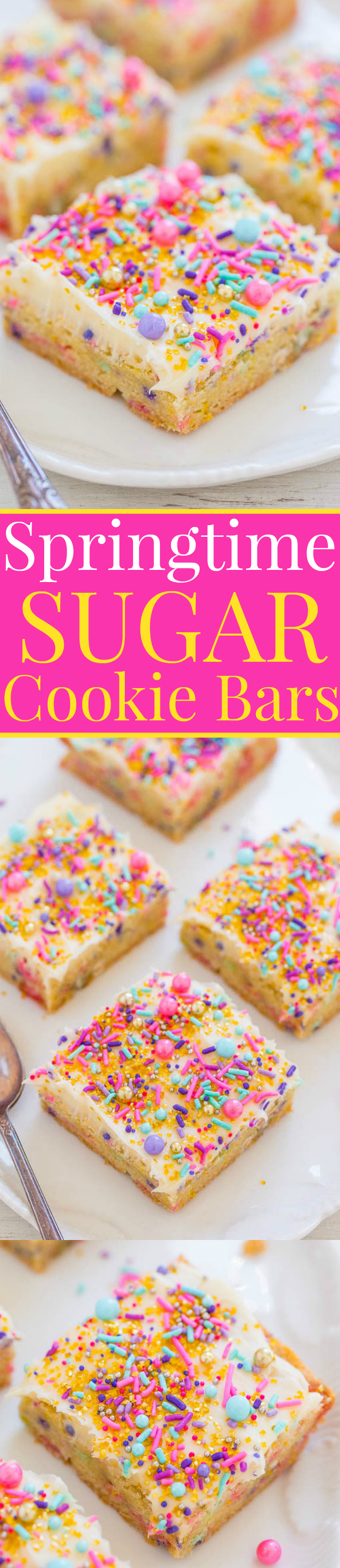 Springtime Sugar Cookie Bars with Cream Cheese Frosting - Sugar cookies in bar form with SPRINKLES galore!! FAST, EASY and yummy! Great for springtime, Easter, Mother's Day, showers, and parties!!