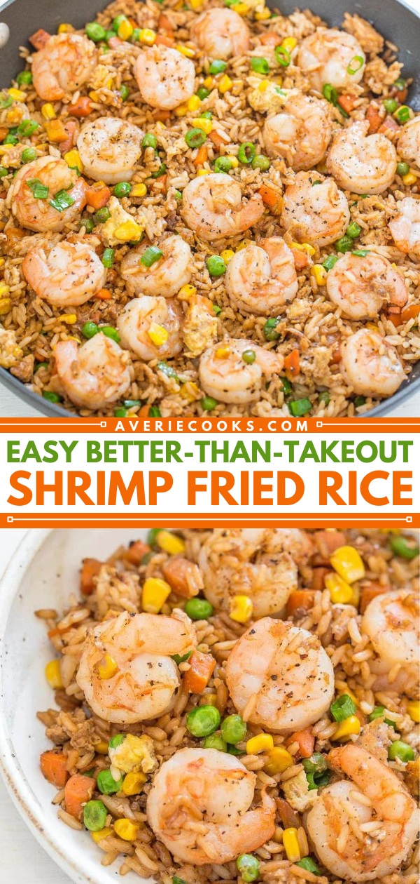Easy Better-Than-Takeout Shrimp Fried Rice — One-skillet, ready in 20 minutes, and you'll never get takeout again!! Homemade tastes WAY BETTER!! Tons more flavor, not greasy, and loaded with tender shrimp!!