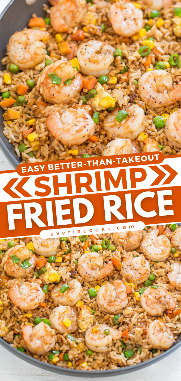 Easy Better-Than-Takeout Shrimp Fried Rice - One-skillet, ready in 20 minutes, and you'll never takeout again!! Homemade tastes WAY BETTER!! Tons more flavor, not greasy, and loaded with tender shrimp!!