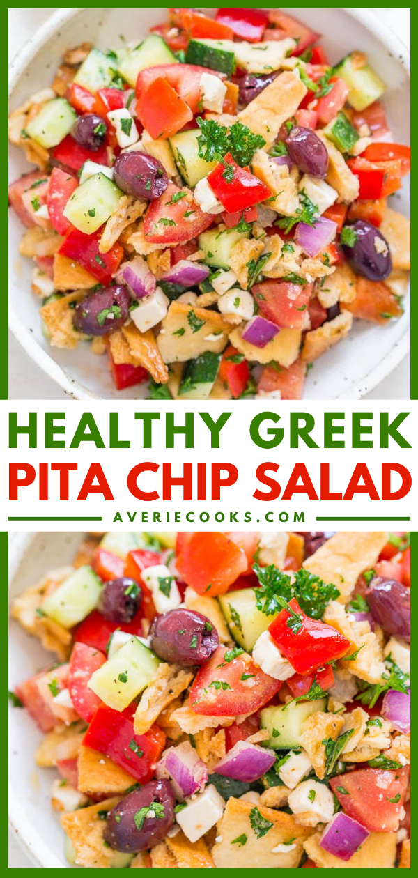 Chopped Greek Salad with Pita Chips — Greek salad just got a makeover!! Still uses classic ingredients like red peppers, cucumbers, onions, olives, and feta but now there are PITA CHIPS for extra crunch and texture! EASY, HEALTHY, ready in 10 minutes!!