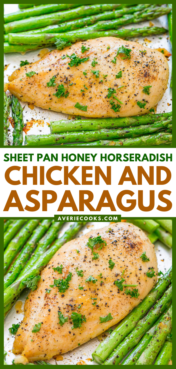 Honey Horseradish Sheet Pan Chicken and Asparagus — The perfect balance of sweet honey with spicy horseradish in this EASY, HEALTHY recipe that's ready in 30 minutes!! Juicy chicken with crisp-tender asparagus for the win!!
