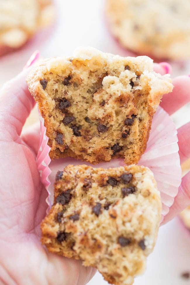 Banana Chocolate Chip Streusel Muffins - Soft, tender, studded with chocolate chips, and topped with streusel!! EASY, no-mixer recipe! They could pass as dessert they're SO GOOD!!
