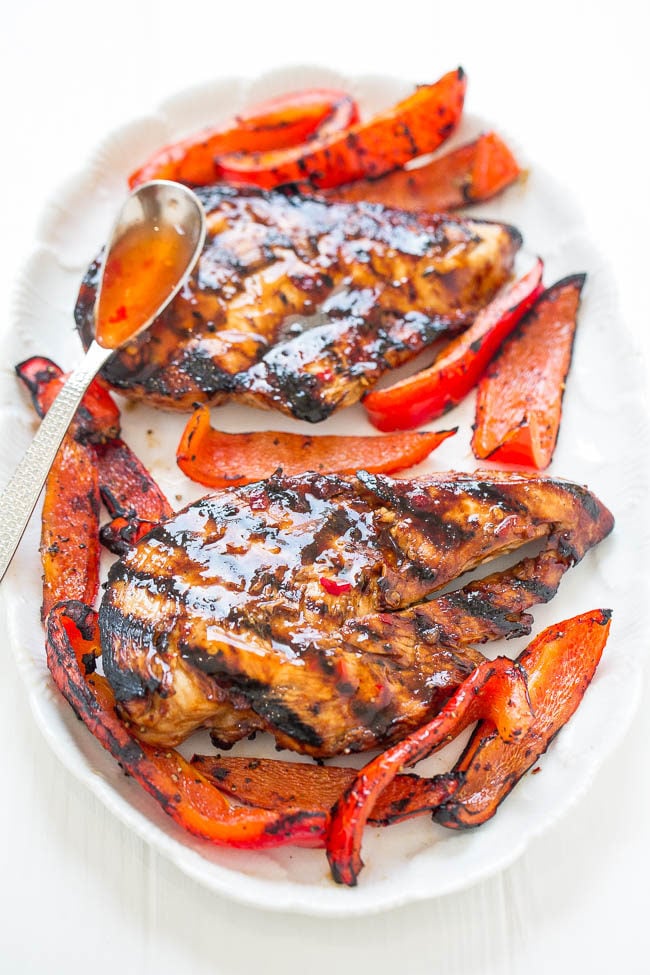 Sweet Chili Grilled Chicken - Tender, juicy, and full of FLAVOR from the sweet chili sauce!! EASY, healthy, ready in 10 minutes, zero cleanup, perfect for backyard barbecues or easy weeknight dinners!!