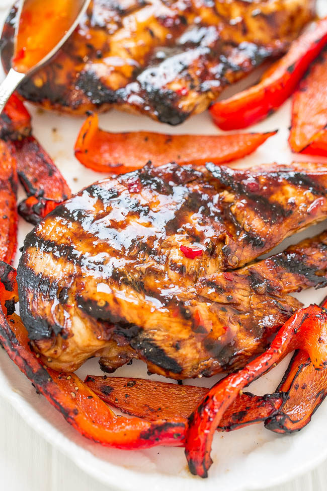 Sweet Chili Grilled Chicken - Tender, juicy, and full of FLAVOR from the sweet chili sauce!! EASY, healthy, ready in 10 minutes, zero cleanup, perfect for backyard barbecues or easy weeknight dinners!!