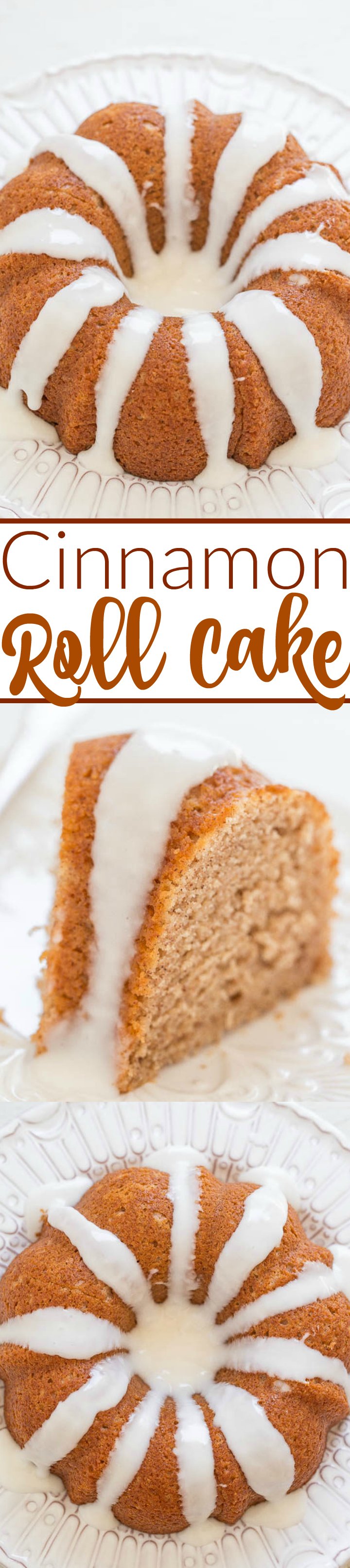 Glazed Cinnamon Roll Cake - The flavor of cinnamon rolls in a soft, tender, EASY cake!! One bowl, no mixer, and you're going to love the tangy-sweet GLAZE!!