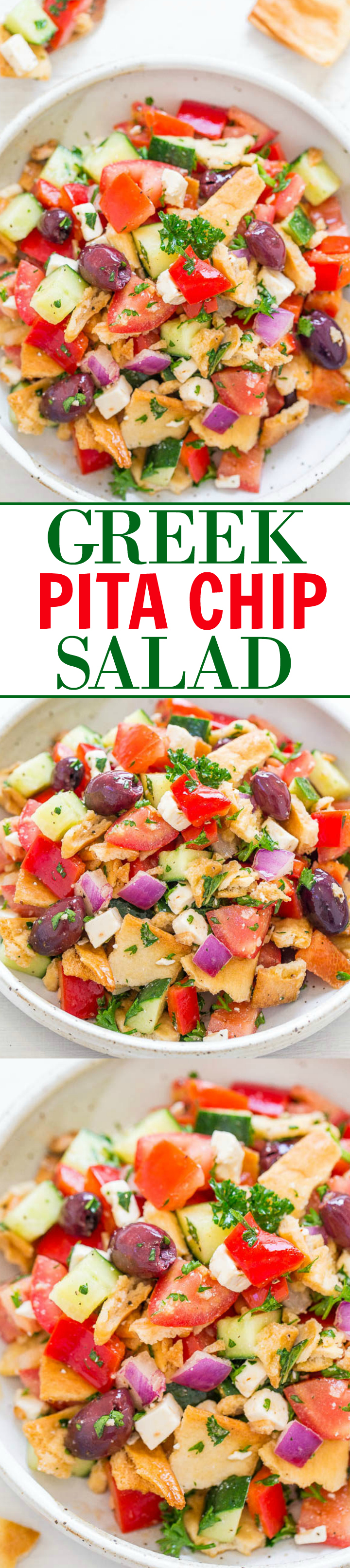 Two picture collage of greek pita chip salad with graphic title