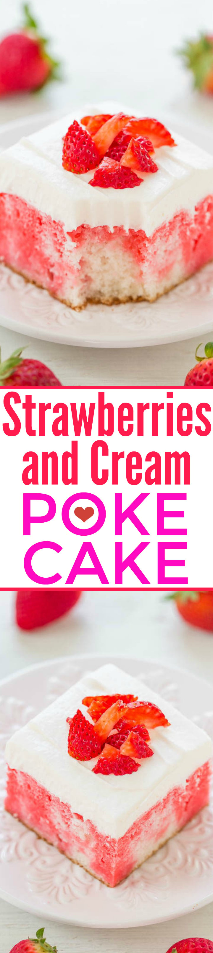 Strawberry Poke Cake — This strawberry Jello cake uses just four ingredients and is a hit at parties and potlucks! It's a moist, refreshing dessert you'll definitely want seconds of! 