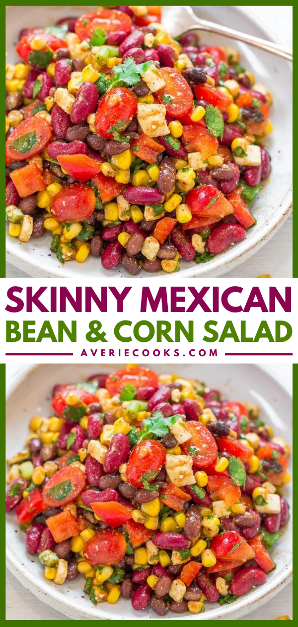 Mexican Bean Salad — Such a fast and easy recipe to make! Plus, it's loaded with flavor and textures galore. Two kinds of beans, juicy corn and tomatoes, crisp peppers, and green onions are tossed in a lime-chili-cumin vinaigrette that's perfectly light!! 