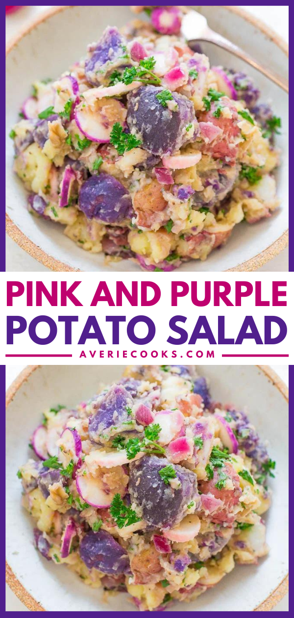 Pink and Purple Potato Salad — Move over, boring potato salad! Have this PRETTY one made with purple potatoes instead!! NO MAYO makes it healthier and perfect for picnics, parties, potlucks and events!!