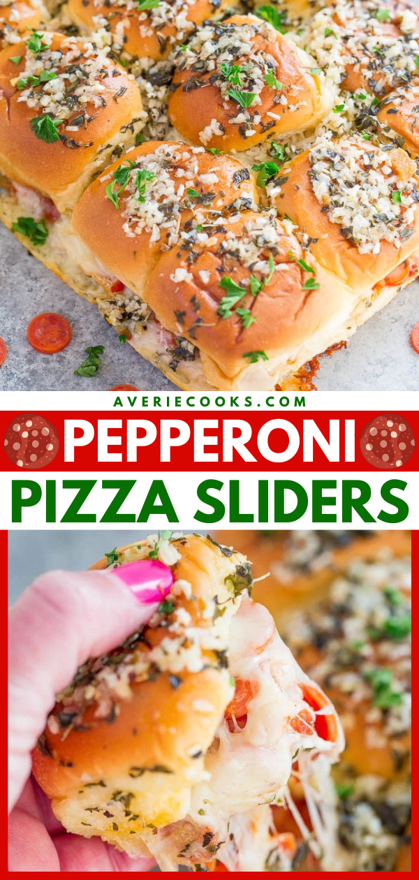 Pepperoni Pizza Sliders — Pizza by way of supremely cheesy sliders!! EASY, ready in 15 minutes, and perfect for parties because everyone LOVES them! Totally IRRESISTIBLE!