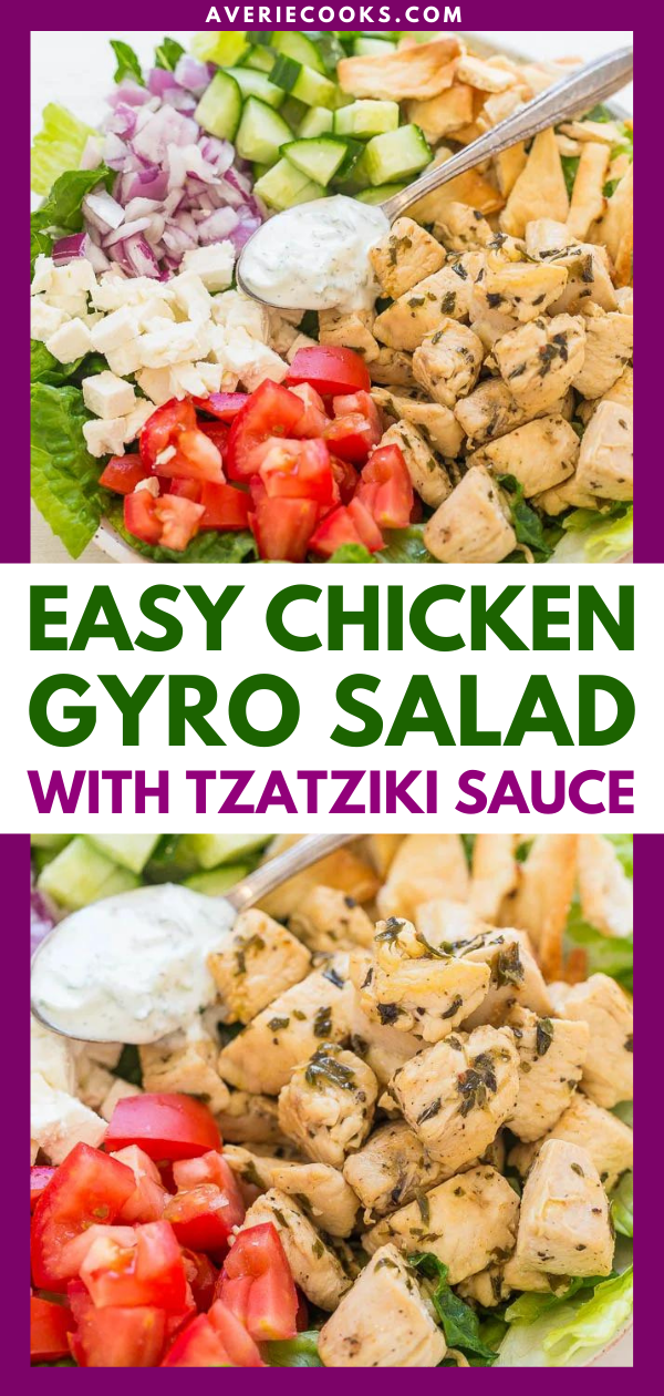 Chicken Gyro Salad with Tzatziki Sauce — Chicken gyros transformed into a HEALTHY salad with an EASY homemade tzatziki sauce that's loaded with tangy dill FLAVOR!! Ready in 20 minutes!!