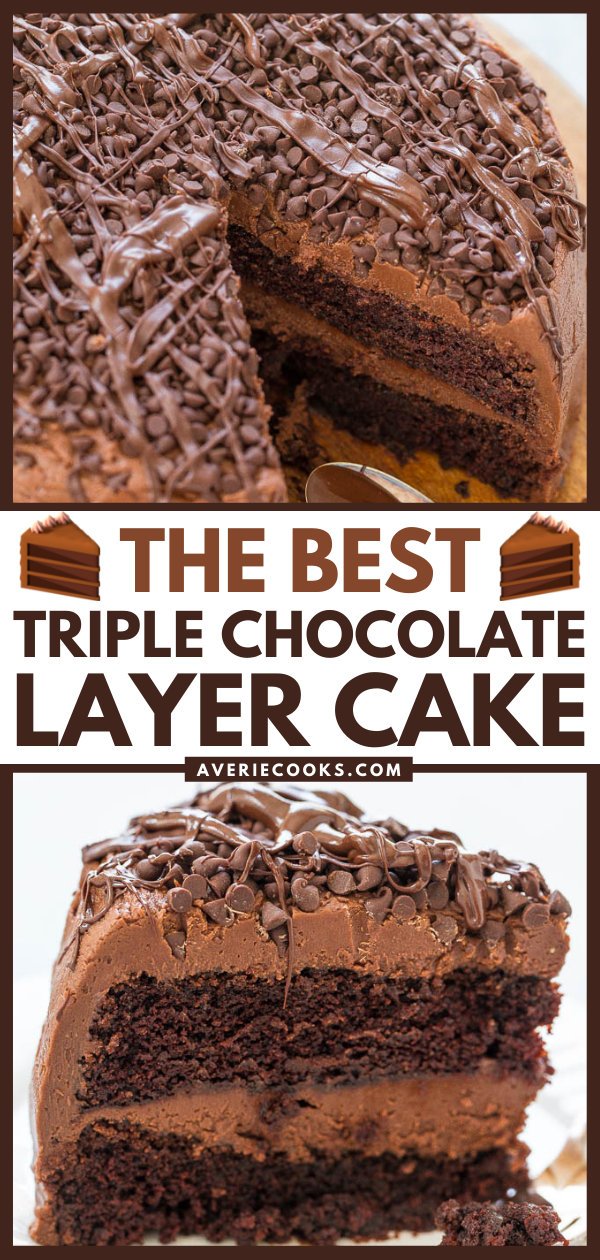 A triple-layer chocolate cake with chocolate frosting and chocolate chip garnish.