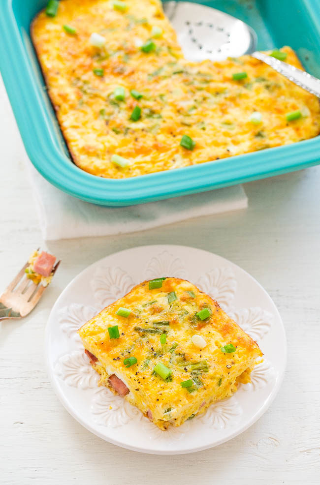 Baked Ham and Cheese Omelet - No more babysitting omelets at the stove!! Pop this into the oven and go sit down and relax! EASY, delish, and perfect for leisurely weekends, holiday brunches, or breakfast-for-dinner!!