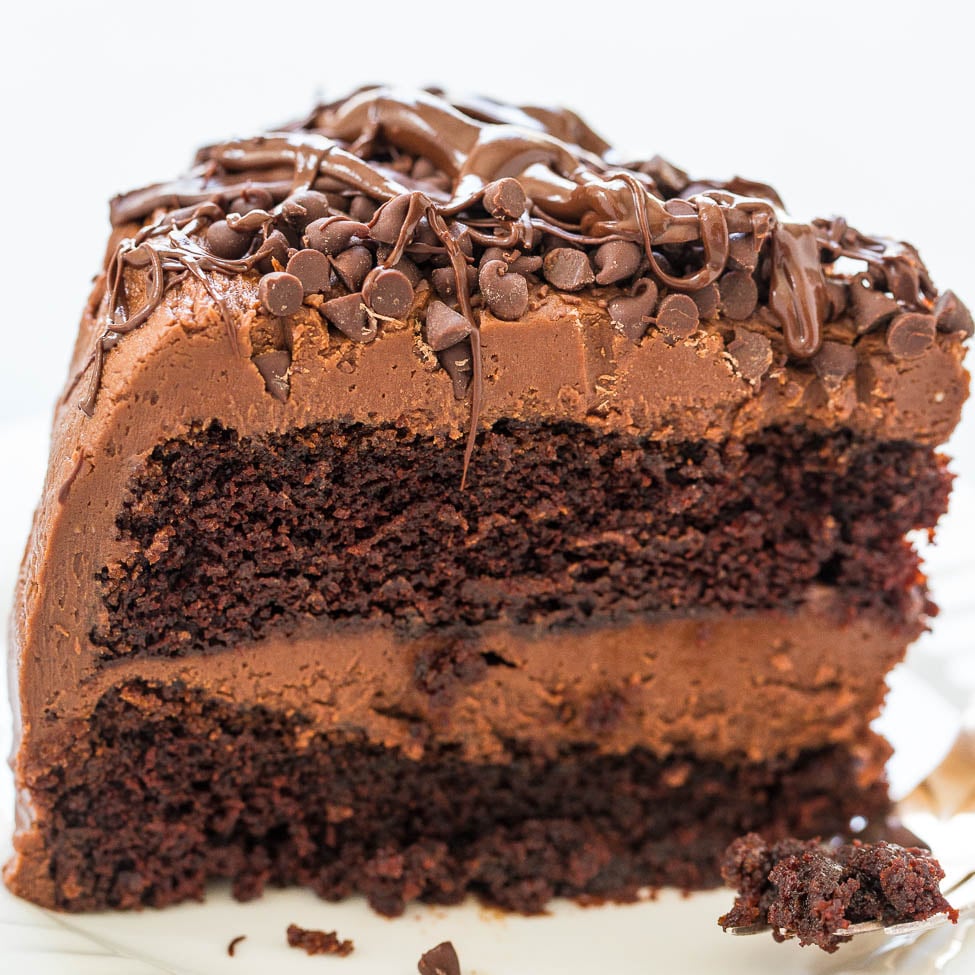 A slice of chocolate cake with chocolate frosting and chocolate chips on a white plate.