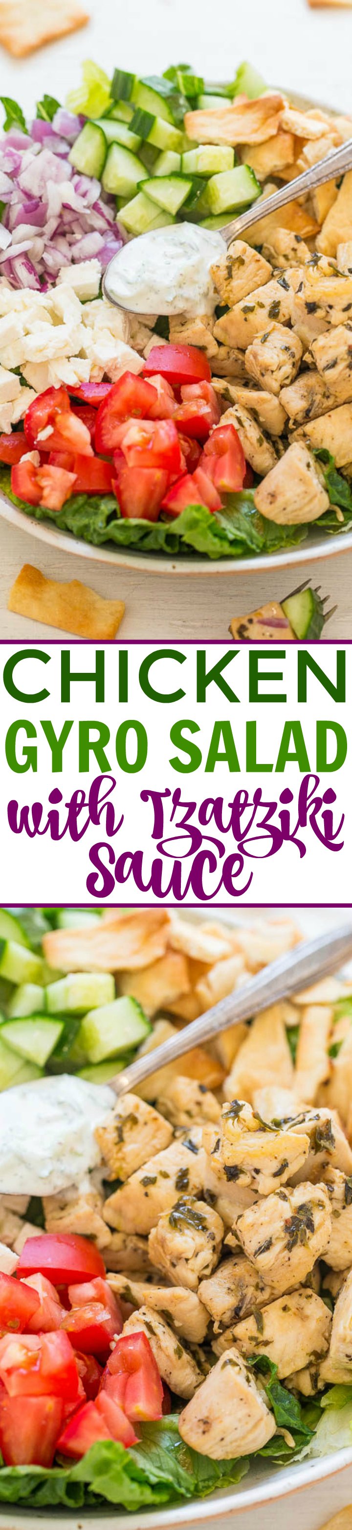 Chicken Gyro Salad with Tzatziki Sauce - Chicken gyros transformed into a HEALTHY salad with an EASY homemade tzatziki sauce that's loaded with tangy dill FLAVOR!! Ready in 20 minutes!!