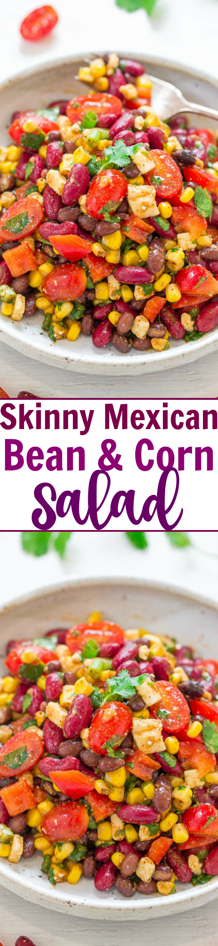 Mexican Bean Salad — Such a fast and easy recipe to make! Plus, it's loaded with flavor and textures galore. Two kinds of beans, juicy corn and tomatoes, crisp peppers, and green onions are tossed in a lime-chili-cumin vinaigrette that's perfectly light!! 