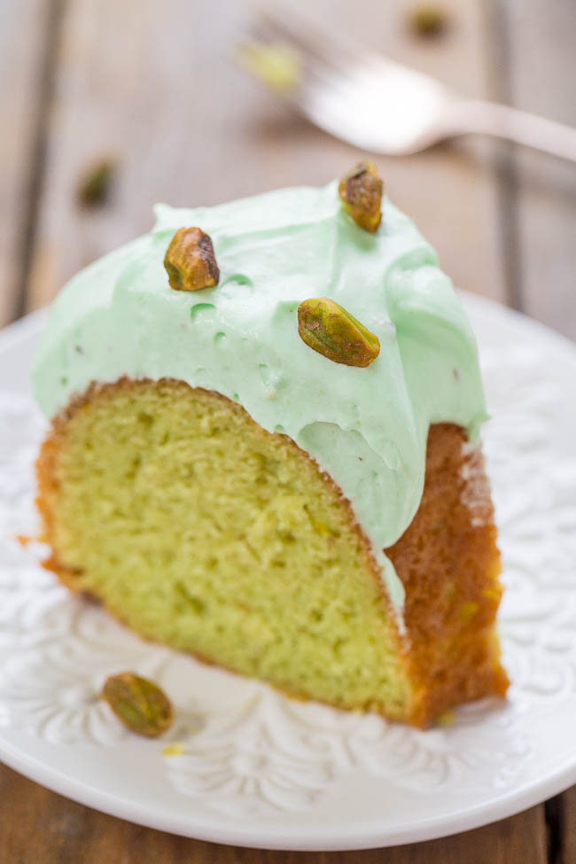 slice of pistachio pudding cake on plate