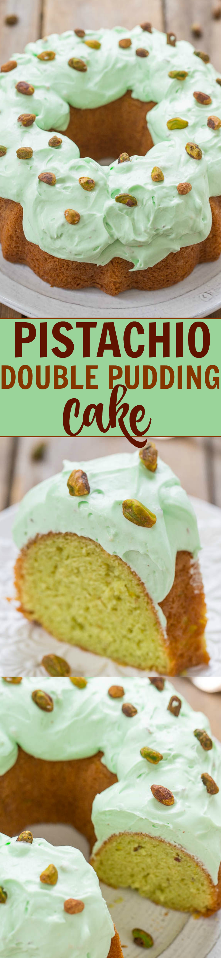 Pistachio Cake - There's pistachio pudding in the soft cake AND in the fluffy whipped frosting!! Pistachio fans are going to love this retro-inspired cake that's EASY and DELICIOUS!!