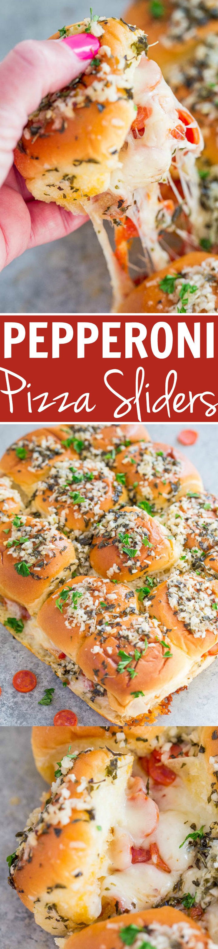 Pepperoni Pizza Sliders - Pizza by way of supremely cheesy sliders!! EASY, ready in 15 minutes, and perfect for parties because everyone LOVES them! Totally IRRESISTIBLE!!