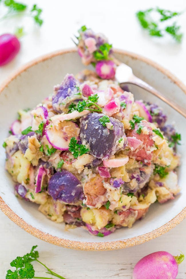Pink and Purple Potato Salad - Move over boring potato salad and have this PRETTY one made with purple potatoes instead!! NO MAYO makes it healthier and perfect for picnics, parties, potlucks and events!!