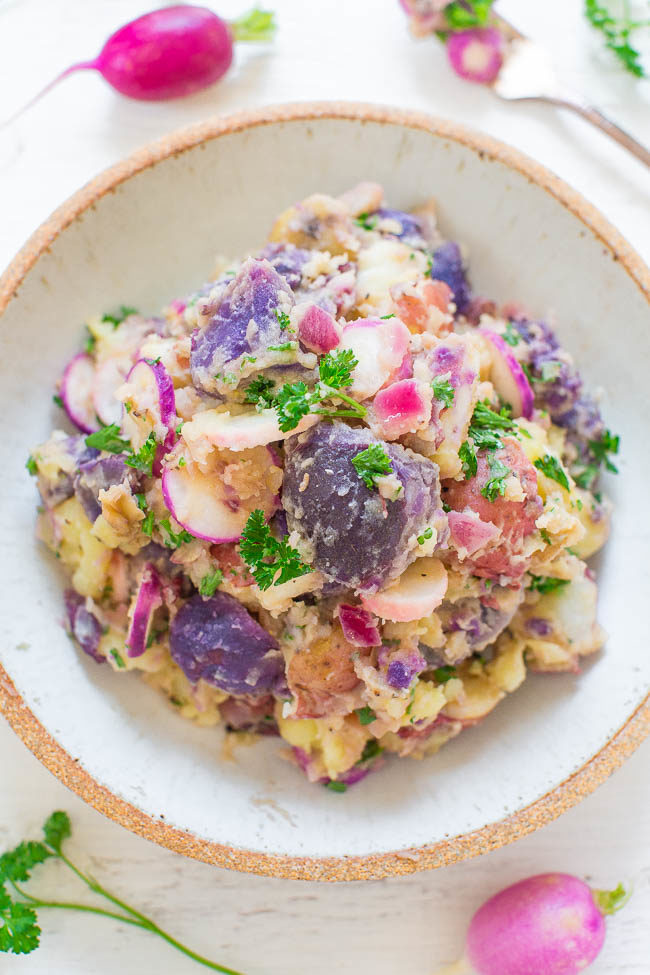 Pink and Purple Potato Salad - Move over boring potato salad and have this PRETTY one made with purple potatoes instead!! NO MAYO makes it healthier and perfect for picnics, parties, potlucks and events!!