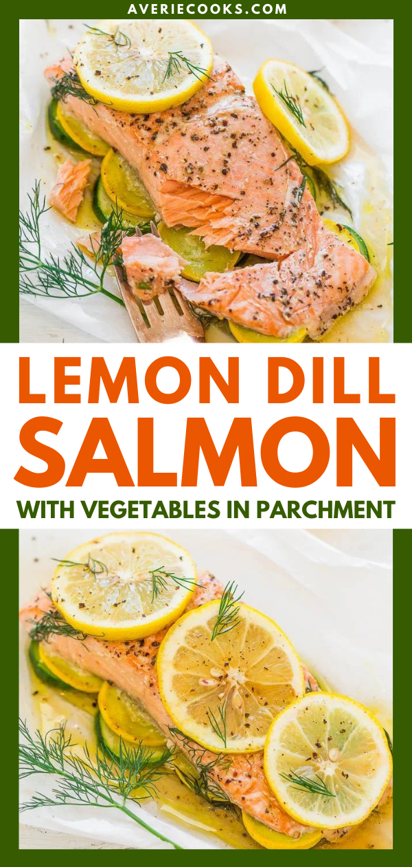 Lemon Dill Salmon in Parchment with Vegetables — Tender salmon with vegetables and it's so EASY, healthy, ready in 20 minutes, and loaded with bold LEMON and dill flavor!! Put it on your dinner rotation!!