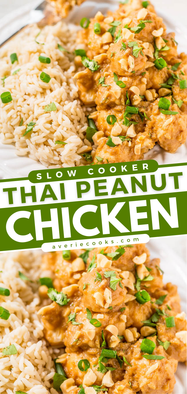 This Slow Cooker Thai Peanut Chicken is coated in the most incredible peanut sauce. Serve it over rice for an easy meal, and garnish with green onions and extra peanuts for added crunch! 
