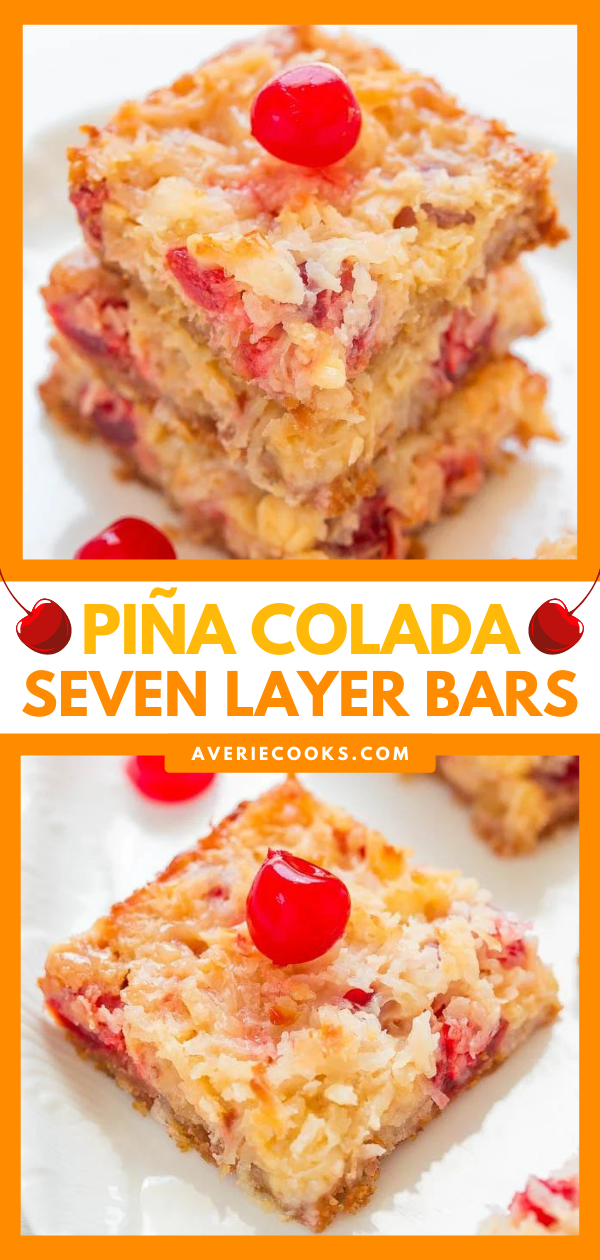 Pineapple Coconut Bars — Eat your piña colada rather than drinking one with these fast, EASY, no-mixer bars that taste TROPICAL!! Pineapple, coconut, white chocolate, and cherries!!