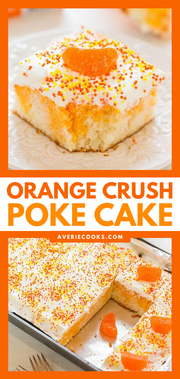 Orange Crush Poke Cake - Bold Orange Crush flavor in this EASY cake that's super moist and light!! The kid in all of us will LOVE this orange tie-dyed cake!!