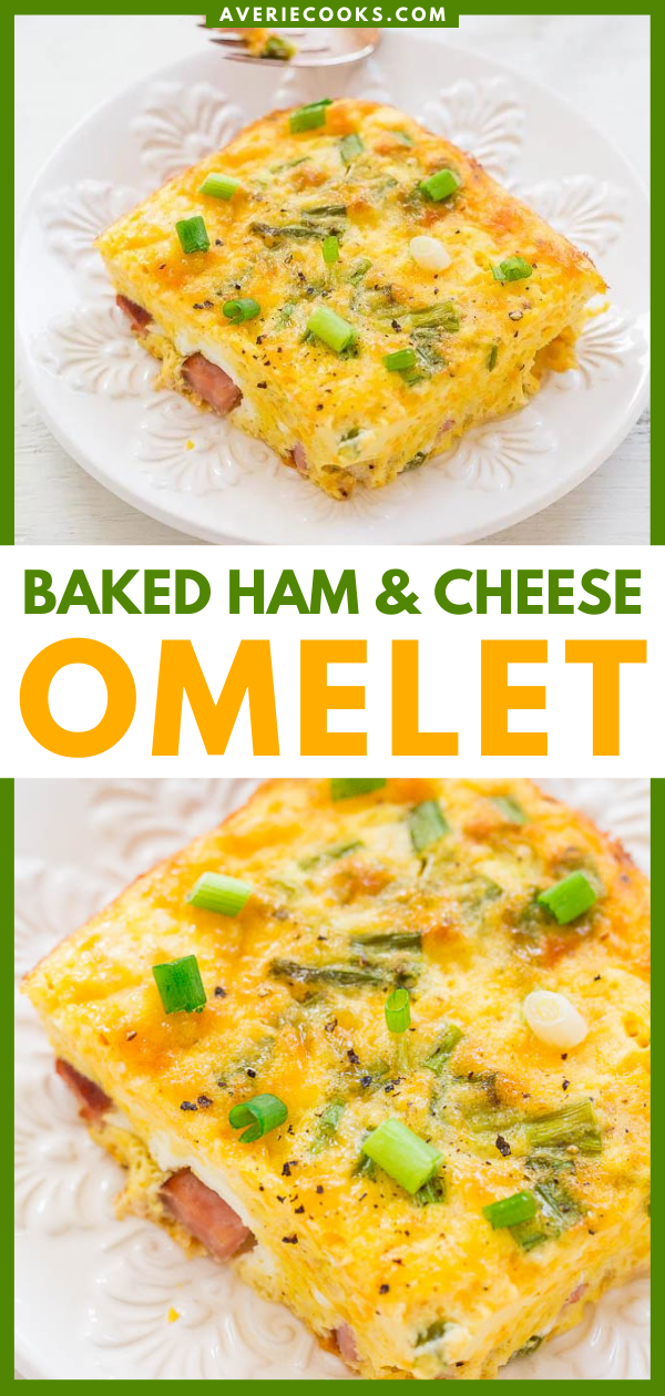 Baked Ham and Cheese Omelet - No more babysitting omelets at the stove!! Pop this into the oven and go sit down and relax! EASY, delish, and perfect for leisurely weekends, holiday brunches, or breakfast-for-dinner!!