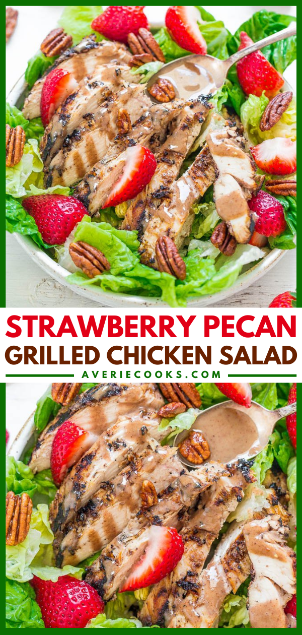 Pecan Strawberry Chicken Salad — The grilled chicken is so JUICY and moist thanks to a homemade pecan butter marinade!! Sweet strawberries and crunchy pecans add extra texture and FLAVOR!!