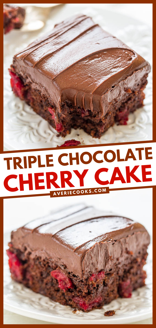 Triple Chocolate Cherry Cake — Loaded with juicy cherries and topped with an easy homemade chocolate frosting. I used a few shortcuts in this recipe to save time, but this cake tastes completely homemade! 