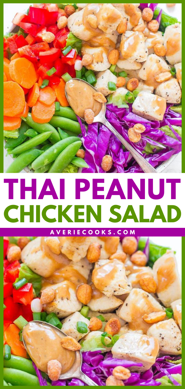 Thai Peanut Chicken Salad - Eat the RAINBOW with this EASY, healthy salad that's ready in 20 minutes!! Juicy chicken and crisp vegetables are tossed in the BEST PEANUT SAUCE ever!!