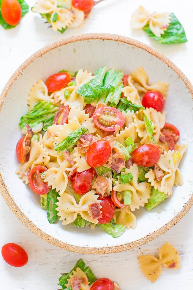 BLT Pasta Salad - EASY, ready in 15 minutes, feeds a crowd, and PERFECT for potlucks and parties!! Creamy ranch dressing perfectly coats the pasta and BACON! Guaranteed family FAVORITE!!