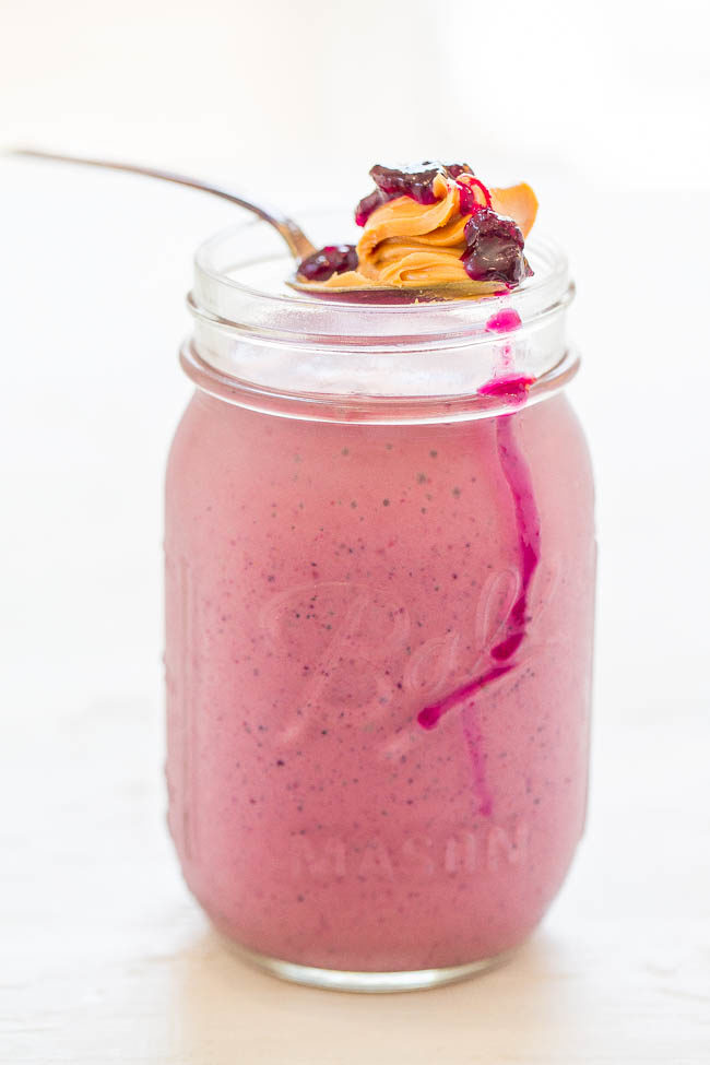 PB & J Smoothie - A perfect PB & J in drinkable form!! Smooth, creamy, satisfying, EASY, and healthy!! You're going to LOVE this version of a PB & J!!