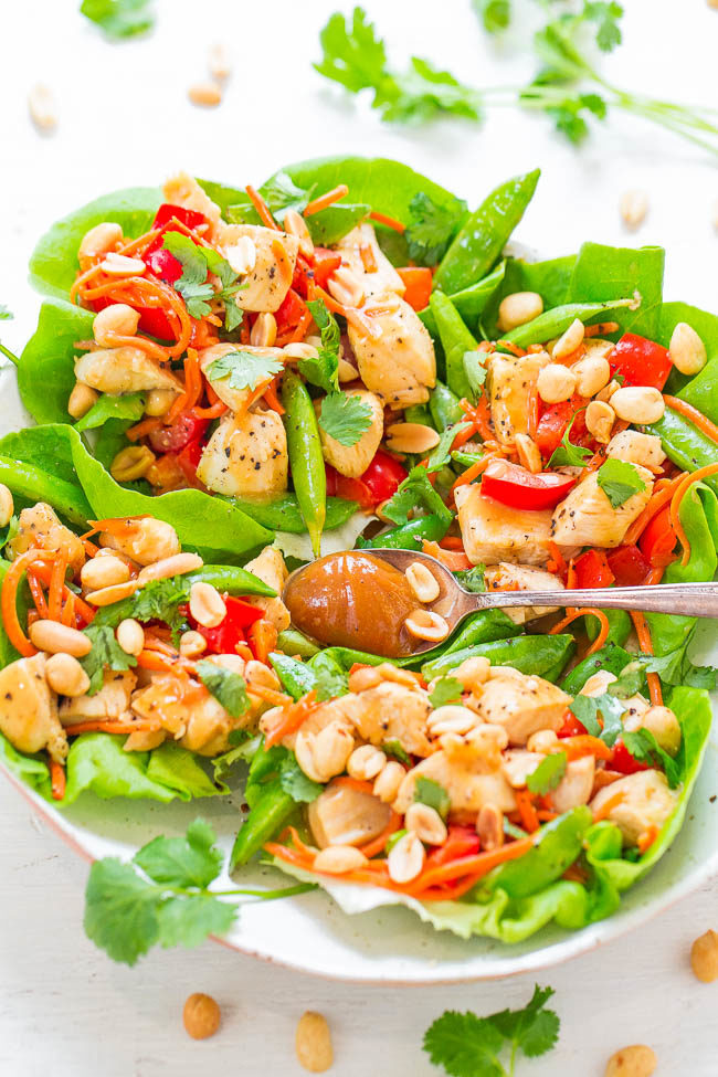 Peanut Chicken Lettuce Wraps - EASY, ready in 20 minutes, HEALTHY, and the peanut sauce is the BEST!! Great flavors and textures in every bite of these IRRESISTIBLE wraps!!