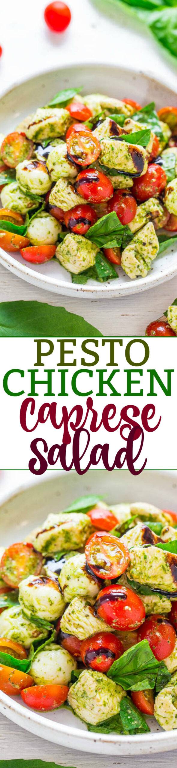 Colorful pesto chicken caprese salad in a bowl, featuring cherry tomatoes and green leaves.