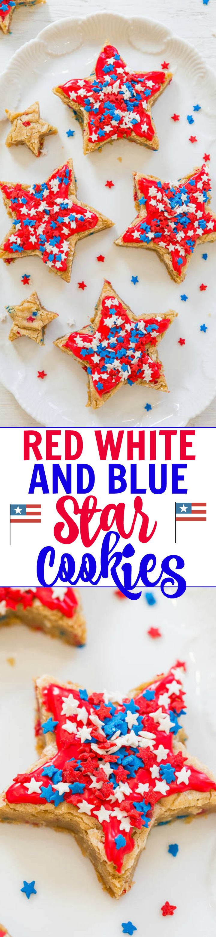 Red, White, and Blue Star Cookies - Get patriotic with these SOFT, chewy, frosted star cookies that are loaded with SPRINKLES!! No rolling pin required! They're a holiday WINNER!!