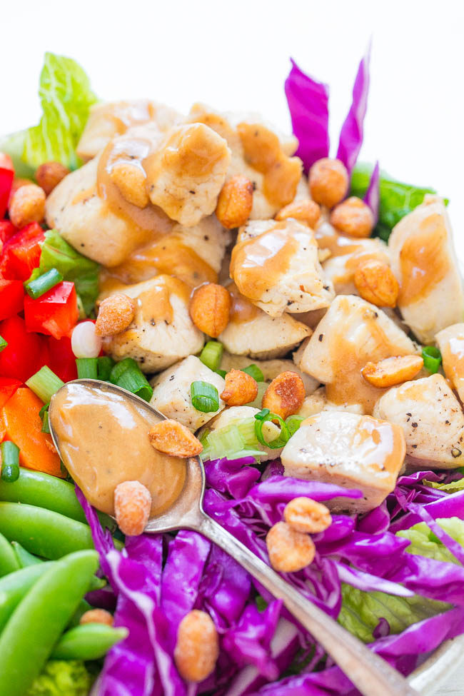 Thai Peanut Chicken Salad - Eat the RAINBOW with this EASY, healthy salad that's ready in 20 minutes!! Juicy chicken and crisp vegetables are tossed in the BEST PEANUT SAUCE ever!!