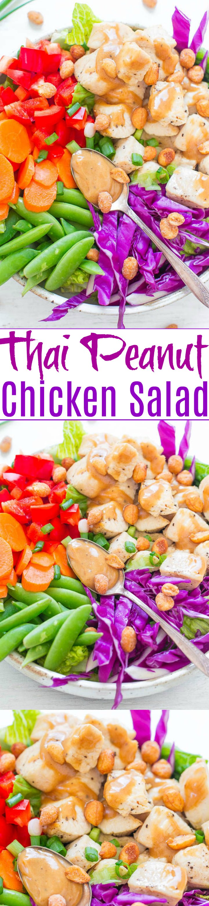 Thai Peanut Salad — Eat the RAINBOW with this EASY, healthy salad that's ready in 20 minutes!! Juicy chicken and crisp vegetables are tossed in the BEST PEANUT SALAD DRESSING ever!!