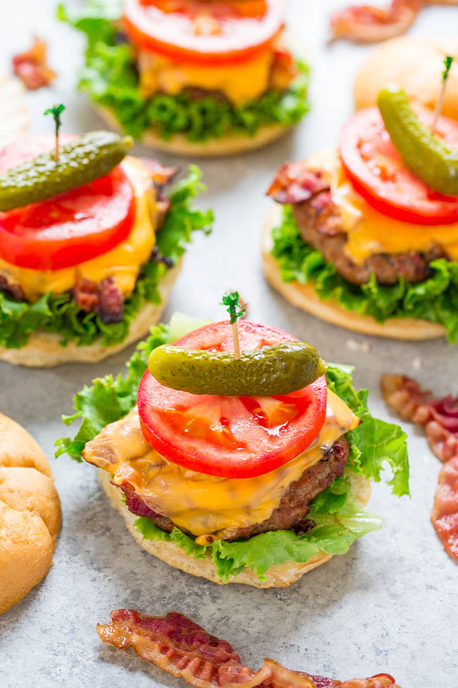BLT Grilled Turkey Burgers — JUICY turkey burgers topped with cheese, bacon, lettuce, and tomato!! EASY, ready in 15 minutes, and perfect for summer parties!! Healthier than beef and IRRESISTIBLE!!