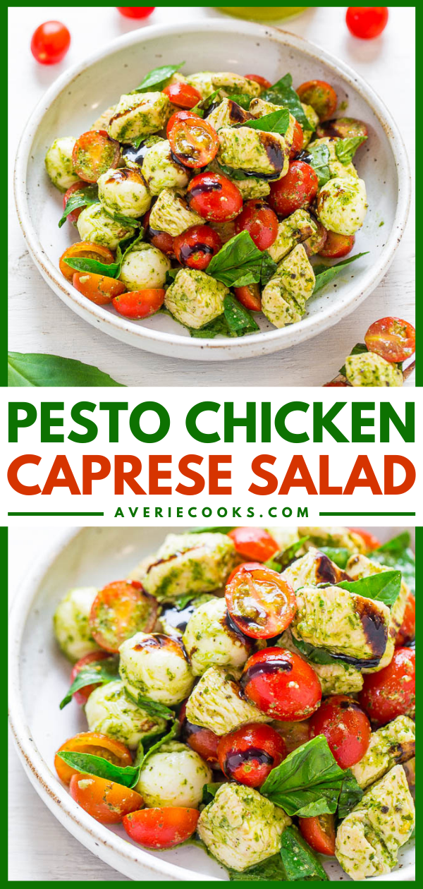Pesto Chicken Caprese Salad — Homemade pesto coats every bite of JUICY chicken, tomatoes, and fresh mozzarella in this fun twist on caprese salad!! EASY, ready in 20 minutes, and loaded with rich basil flavor!!