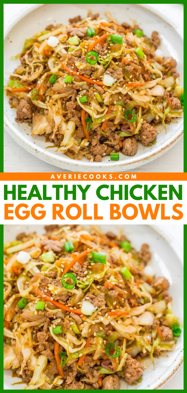 Chicken Egg Roll in a Bowl — This egg roll in a bowl is easy, ready in 15 minutes, full of flavor, has lots of texture, and is healthier than actual egg rolls!