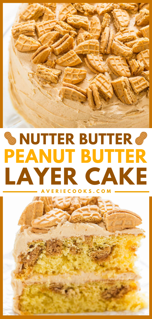 Nutter Butter Peanut Butter Layer Cake — Soft yellow cake with Nutter Butters baked in AND sprinkled on top!! The homemade peanut butter FROSTING is rich, creamy, and decadent! Peanut butter fans will LOVE this cake!!